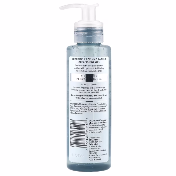 Eucerin, Face, Hydrating Cleansing Gel + Hyaluronic Acid, Fragrance Free, 6.8 fl oz (200 ml) - Image 3
