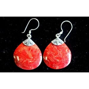 Handmade 925 Silver Red Coral Ball Drop Earrings - Red