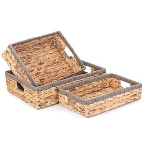 Shallow Rectangular Water Hyacinth With Grey Rope Border Storage Basket