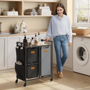 3 Compartment Laundry Cart with Shelves, Brown & Black & Grey - Chestnut Brown, Ink Black, Dove Grey