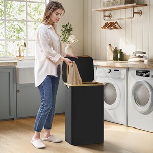 Laundry Hamper with Lid Removable Liner Bamboo Handles, Black - Ink Black