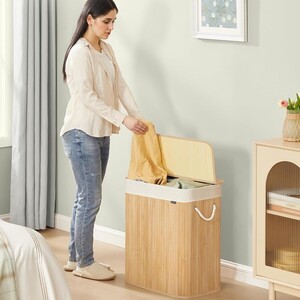 Dual-Section Bamboo Laundry Hamper with Lid, Foldable Space-Saving Design - Natural