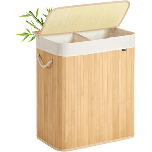 Dual-Section Bamboo Laundry Hamper with Lid, Foldable Space-Saving Design - Natural - Image 2