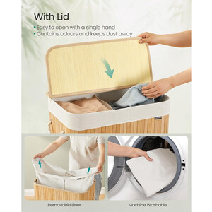 Dual-Section Bamboo Laundry Hamper with Lid, Foldable Space-Saving Design - Natural - Image 3