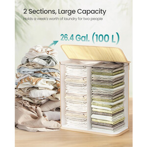 Dual-Section Bamboo Laundry Hamper with Lid, Foldable Space-Saving Design - Natural - Image 4