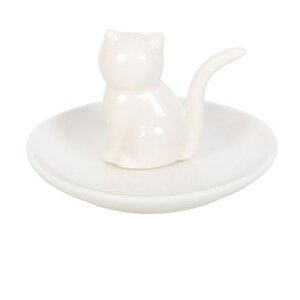 Sitting Cat Trinket Dish Cute Jewelry Ring Holder - White